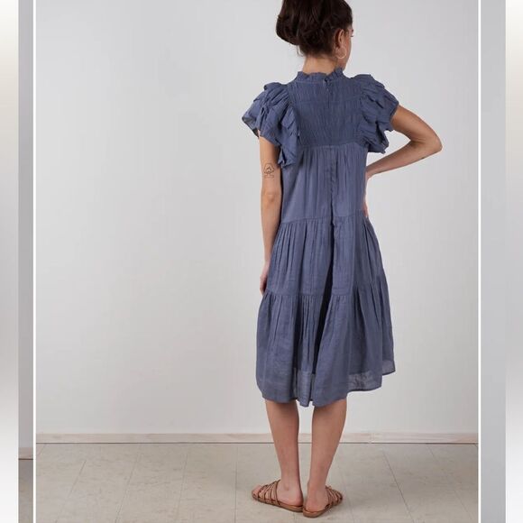 NWT Sea New York Eleanor Tiered Smocked Dress Slate Ruffle SM Boho Spring Linen - Picture 2 of 14